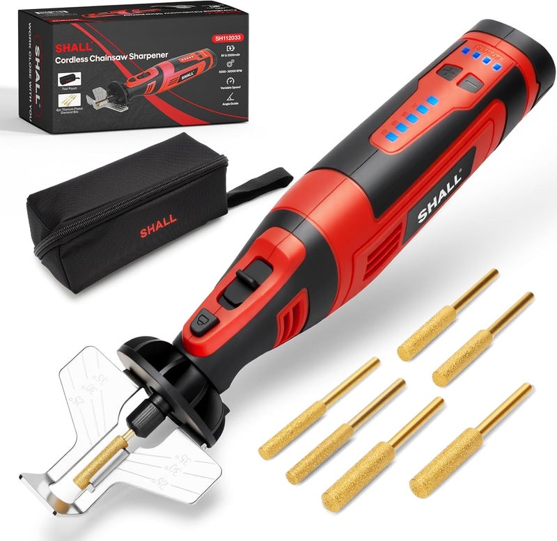 SHALL Electric Cordless Chainsaw Sharpener Kit, with 6 Titanium-Coated Diamond Drill Bits and Angle Guide, for All Chainsaws Chains - Image 1